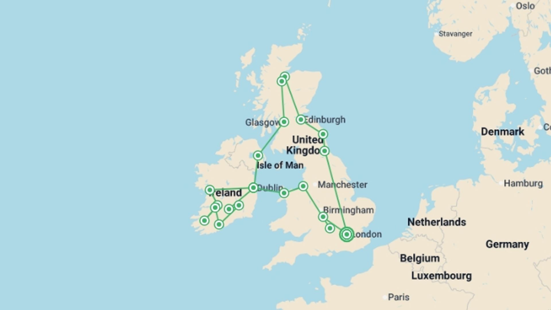 A map showing the tour itinerary for the trip: Treasures Of England Scotland and Ireland, starting in London, England and ending in London, England going through 10 other destinations.
