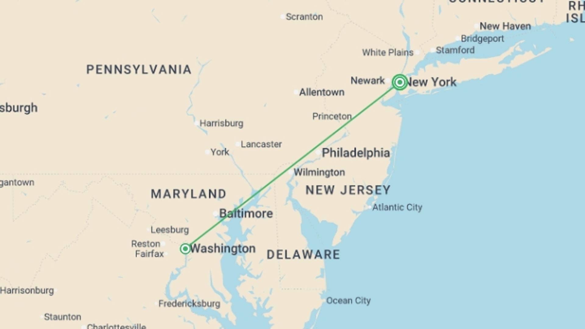 A map showing the tour itinerary for the trip: New York and Washington, starting in New York, USA and ending in New York, USA going through 1 other destinations.