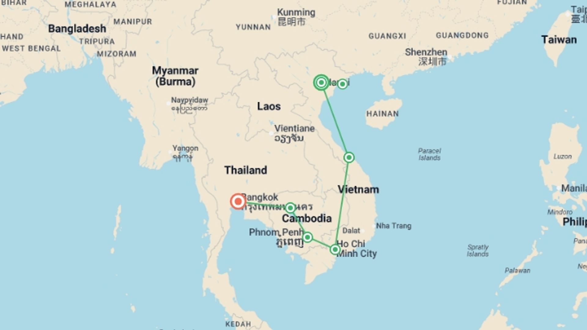 A map showing the tour itinerary for the trip: Journey to Angkor Wat & Bangkok - 16 days, starting in Hanoi, Vietnam and ending in Bangkok, Thailand going through 5 other destinations.