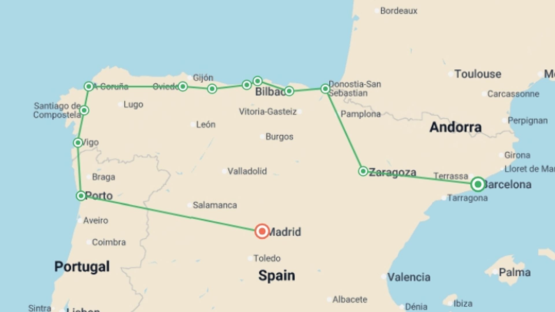 A map showing the tour itinerary for the trip: Barcelona, Northern Spain & Porto - 8 days, starting in Barcelona, Spain and ending in Madrid, Spain going through 6 other destinations.