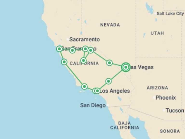 Map of Mammoth Lakes Tour with 6 destination visits for the trip: Las Vegas, San Francisco & Los Angeles - 8 days