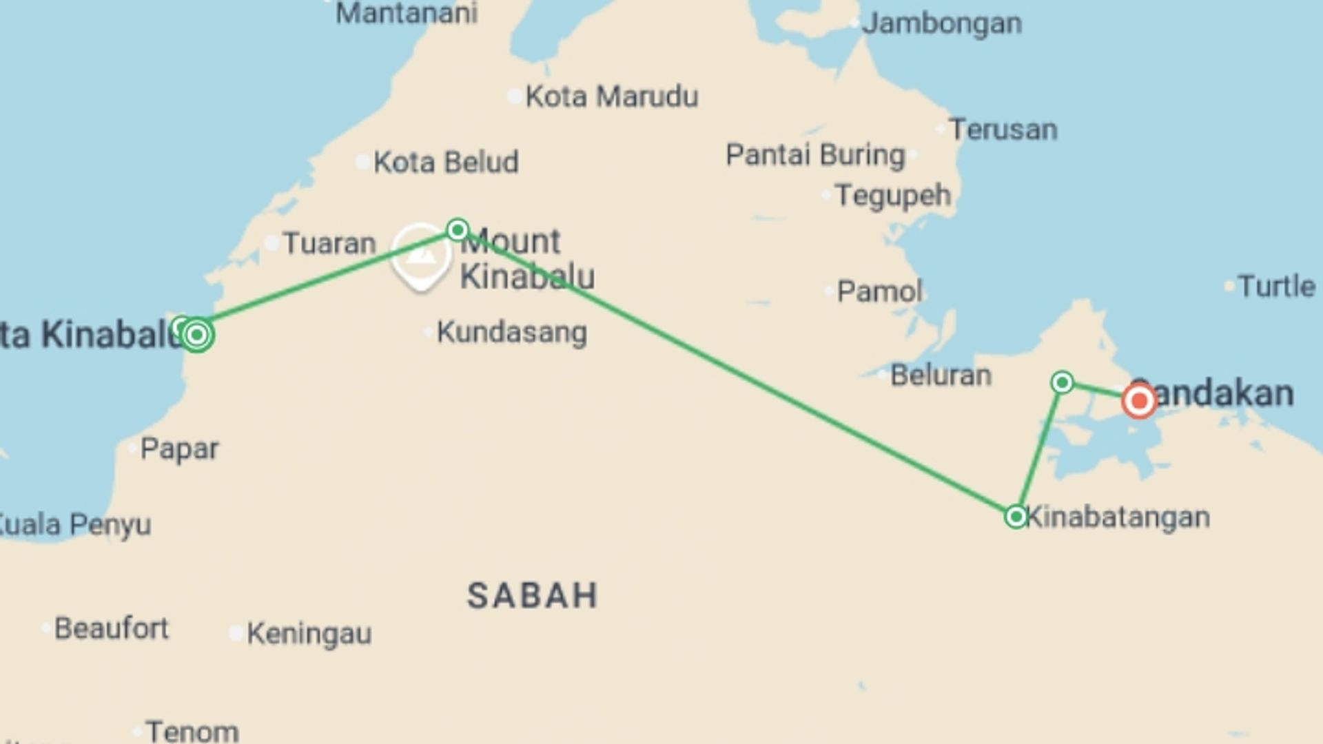 A map showing the tour itinerary for the trip: Sabah Highlights Adventure 7D/6N, starting in Kota Kinabalu, Malaysia and ending in Kinabatangan, Malaysia going through 4 other destinations.