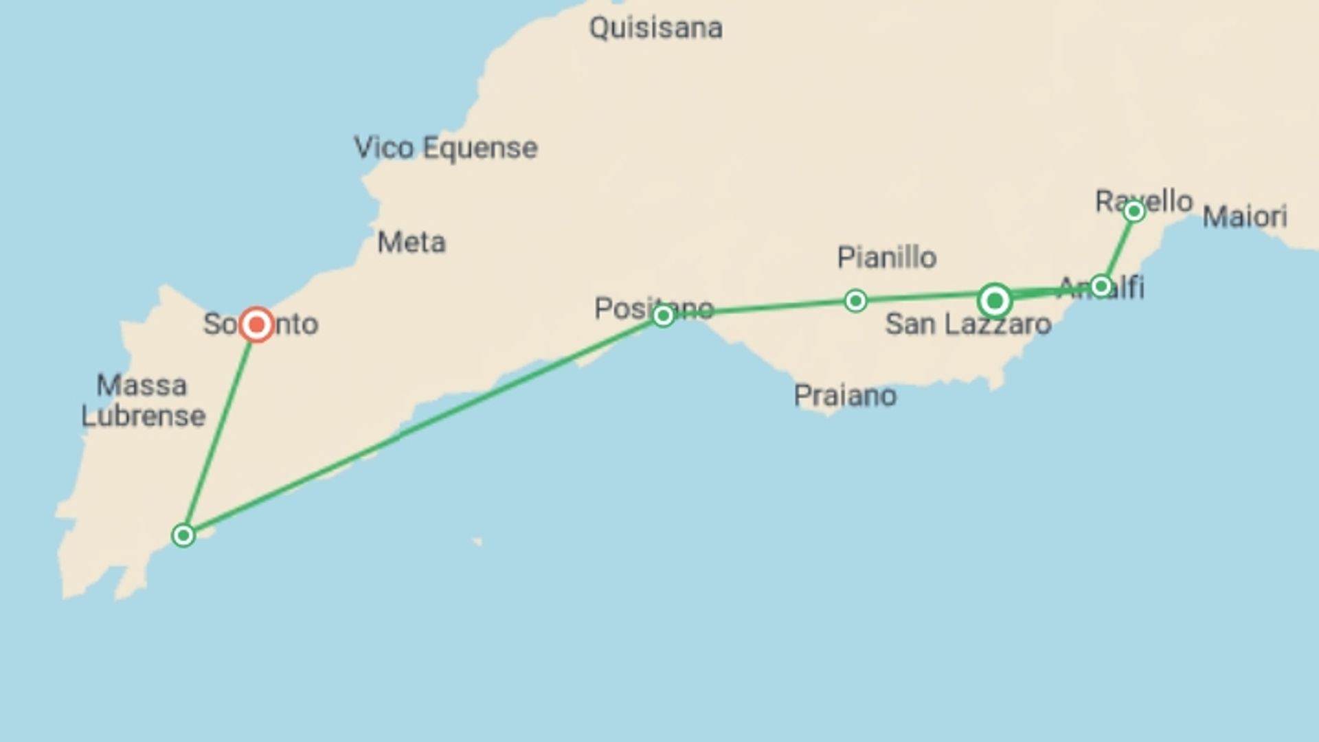 A map showing the tour itinerary for the trip: The Amalfi Coast Walk, starting in Amalfi Coast & Campania, Italy and ending in Sorrento, Italy going through 3 other destinations.