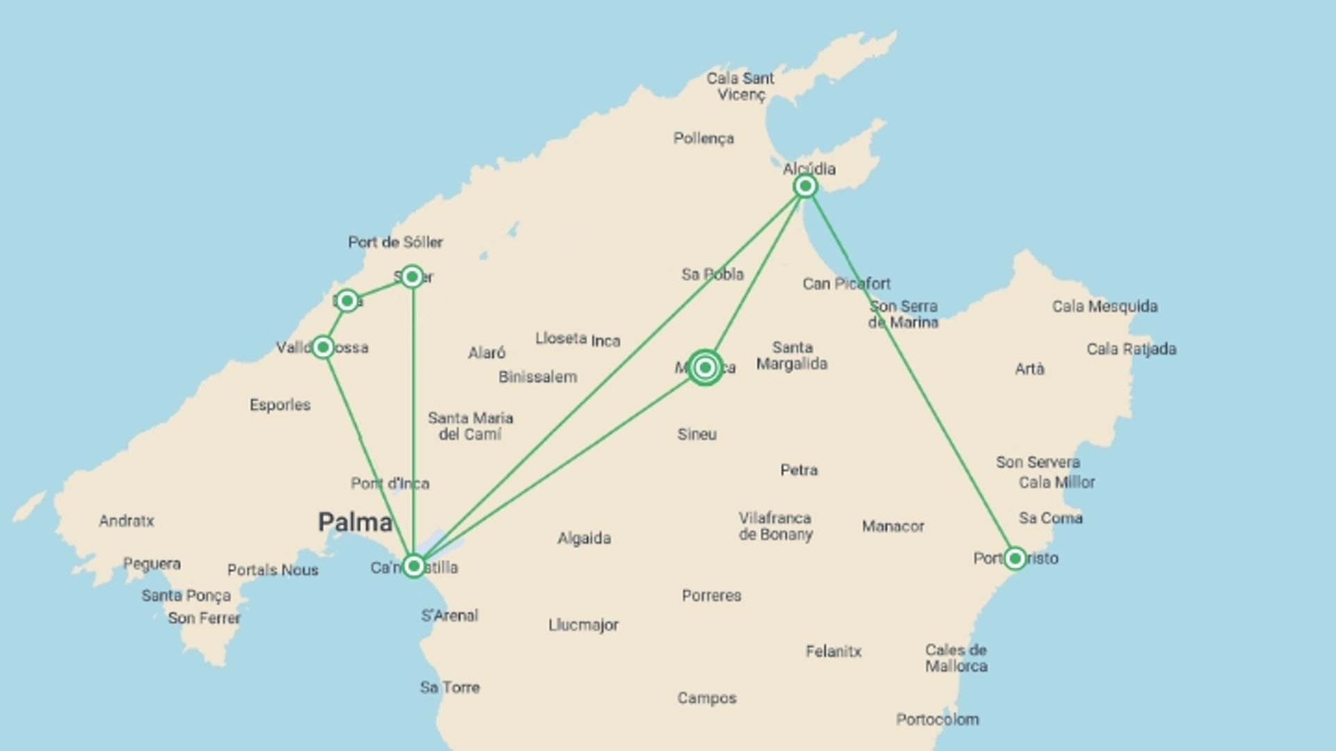 A map showing the tour itinerary for the trip: Mallorca Highlights, Self-drive, starting in Mallorca, Spain and ending in Mallorca, Spain going through 3 other destinations.