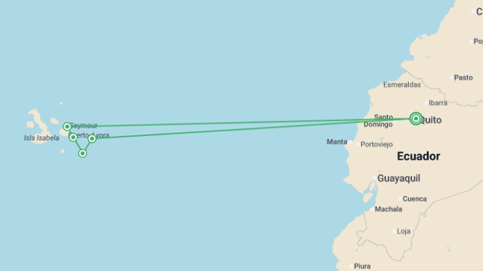 A map showing the tour itinerary for the trip: Galapagos Explorer: Southern Islands (Grand Queen Beatriz), starting in Quito, Ecuador and ending in Quito, Ecuador going through 4 other destinations.