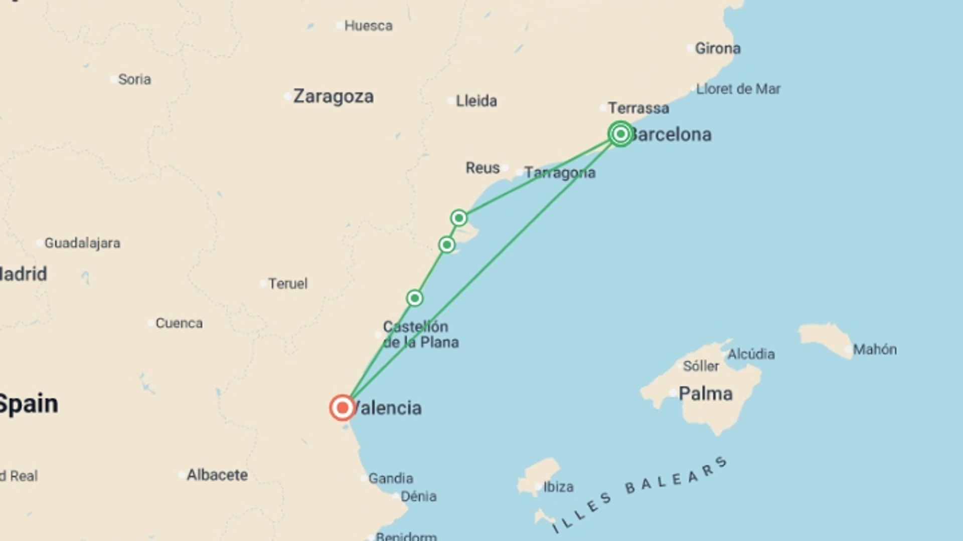 A map showing the tour itinerary for the trip: Cycling the Mediterranean Coast in Spain, starting in Barcelona, Spain and ending in Valencia, Spain going through 3 other destinations.