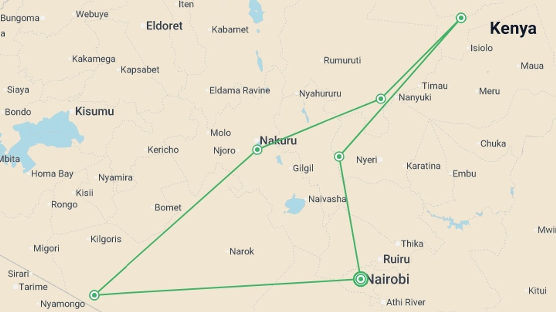 A map showing the tour itinerary for the trip: Wonders of Kenya, starting in Nairobi, Kenya and ending in Nairobi, Kenya going through 5 other destinations.