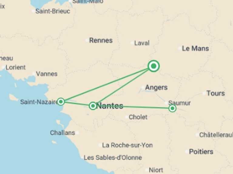 Map itinerary of Mediterranean Tour in March 2027 with 4 destination visits for the trip: Murmurs of the Loire: A Cruise Through Heritage and Legends (port-to-port cruise)
