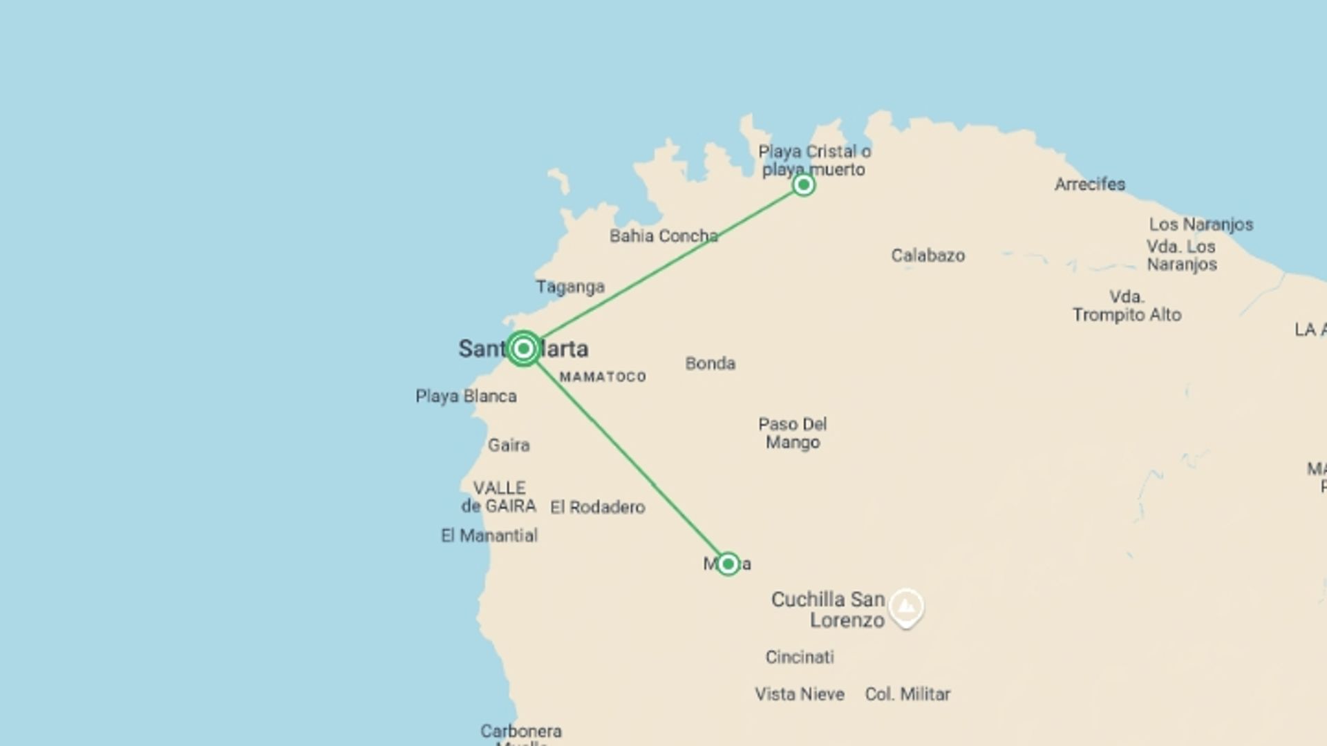 A map showing the tour itinerary for the trip: Tayrona Beaches & Minca Experience 3D/2N, starting in Santa Marta, Colombia and ending in Santa Marta, Colombia going through 0 other destinations.