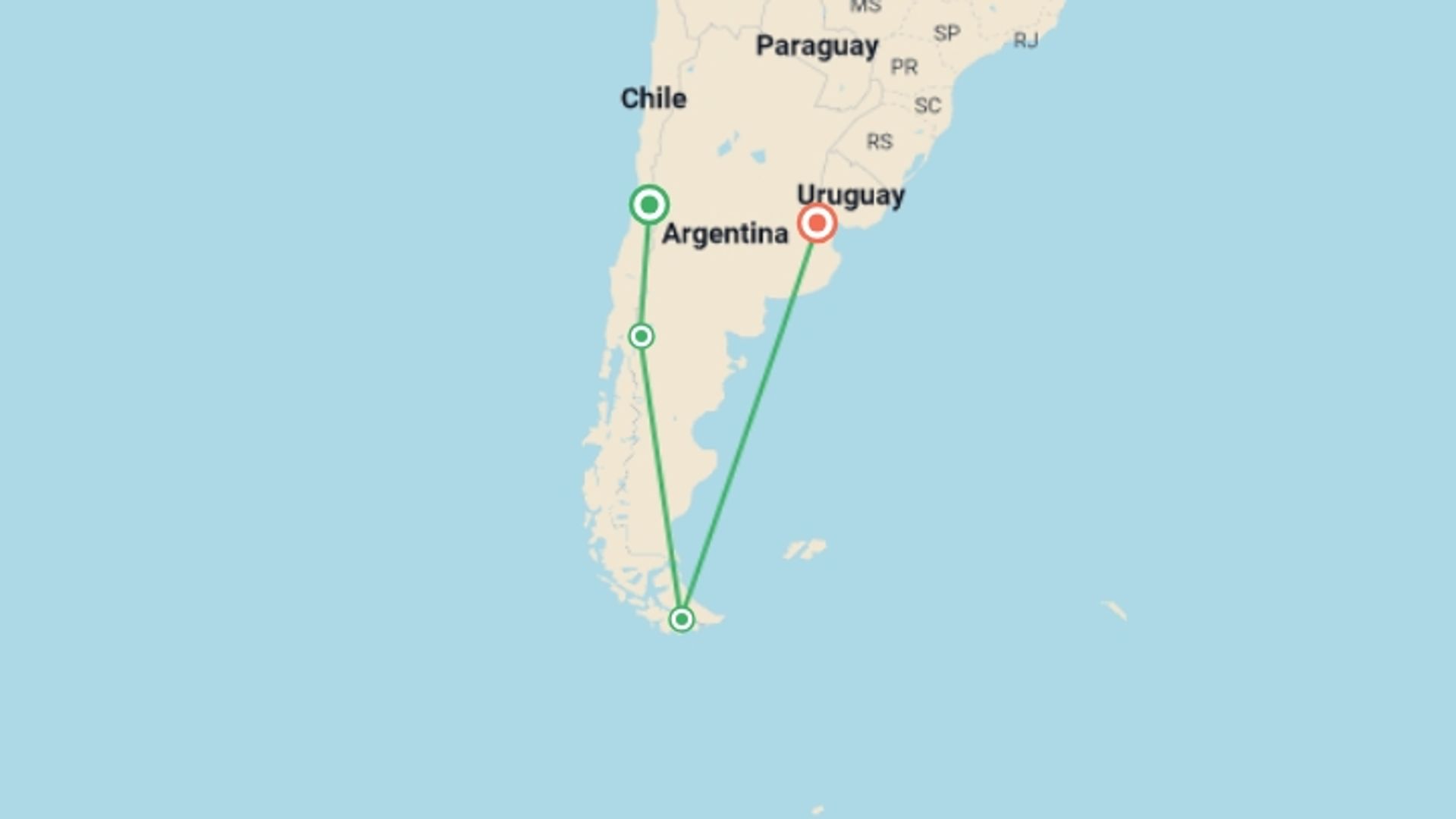 A map showing the tour itinerary for the trip: SANTIAGO to BUENOS AIRES (31 days) Patagonian Adve, starting in Santiago, Cape verde and ending in Buenos Aires, Argentina going through 2 other destinations.