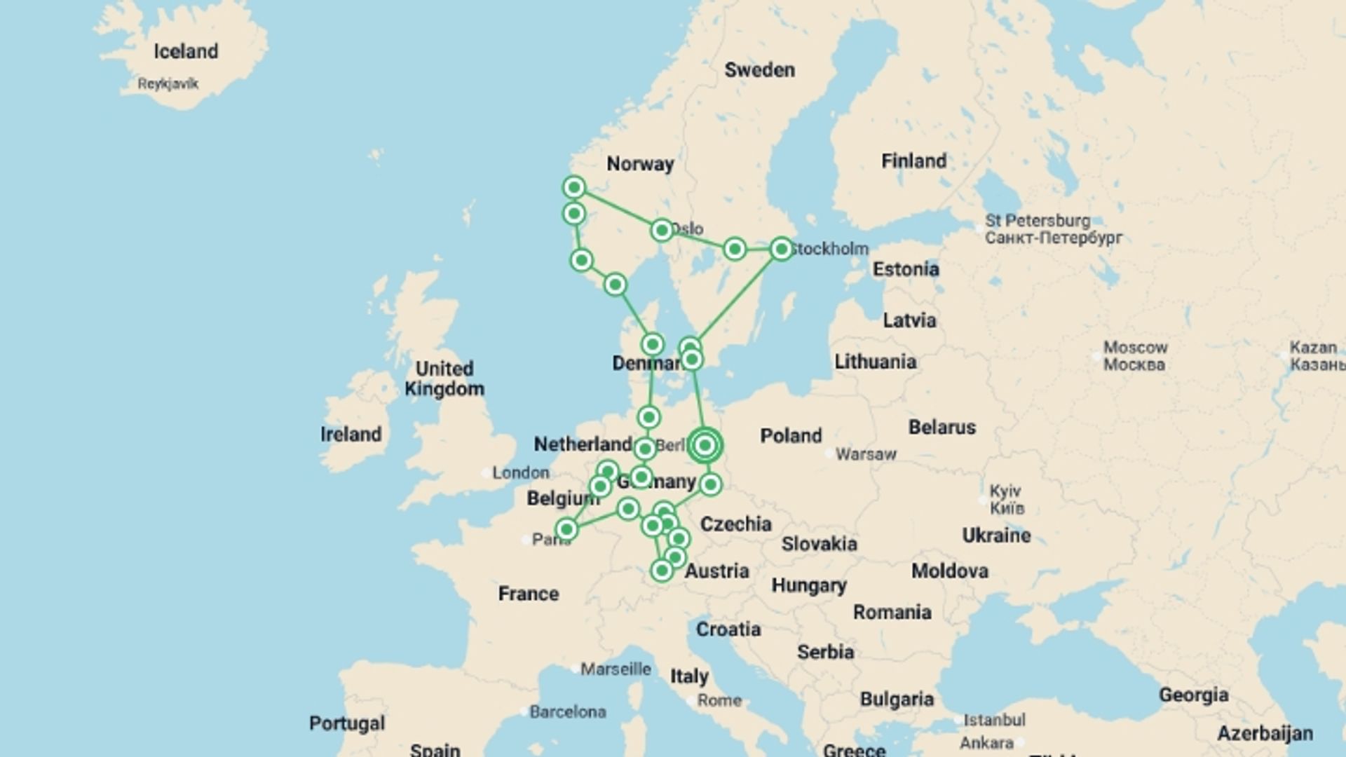 A map showing the tour itinerary for the trip: Northern Ring, starting in Berlin, Germany and ending in Berlin, Germany going through 11 other destinations.