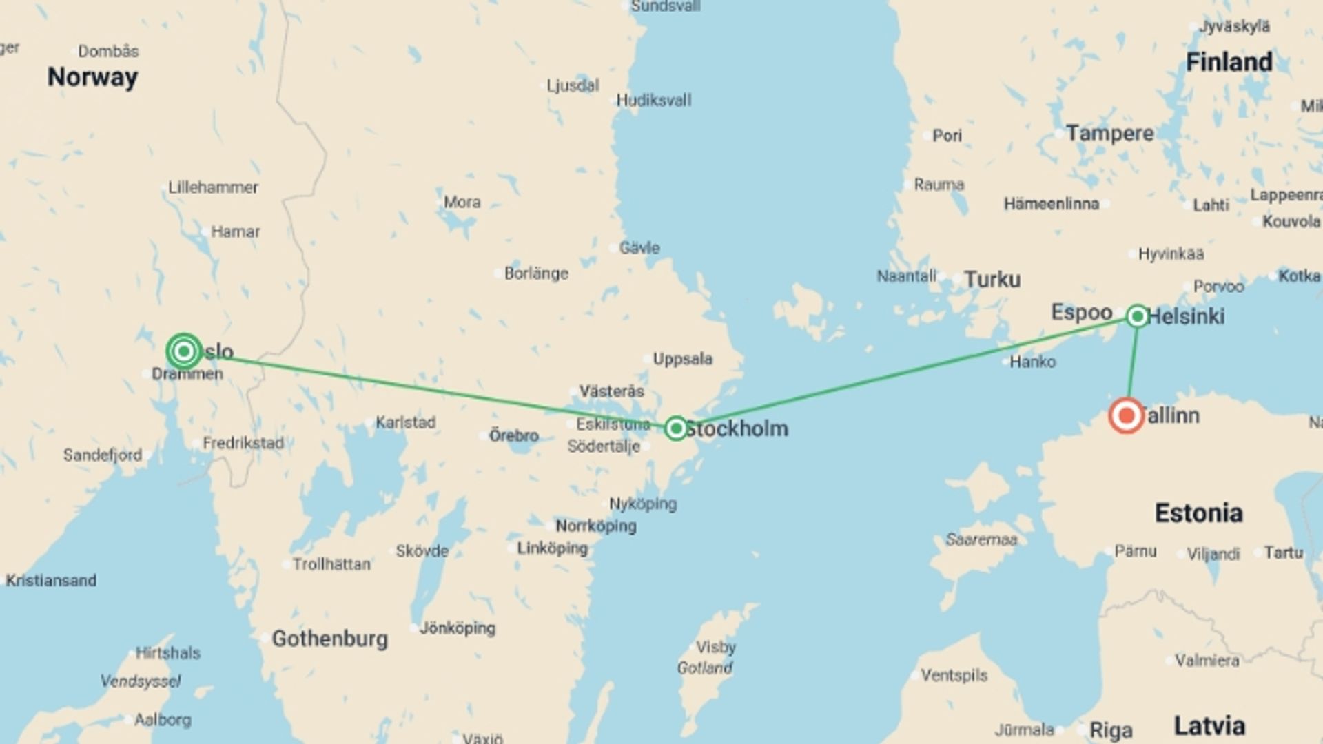 A map showing the tour itinerary for the trip: Nordic Capitals Discovery Adventure - 8 days, starting in Oslo, Norway and ending in Tallinn, Estonia going through 2 other destinations.