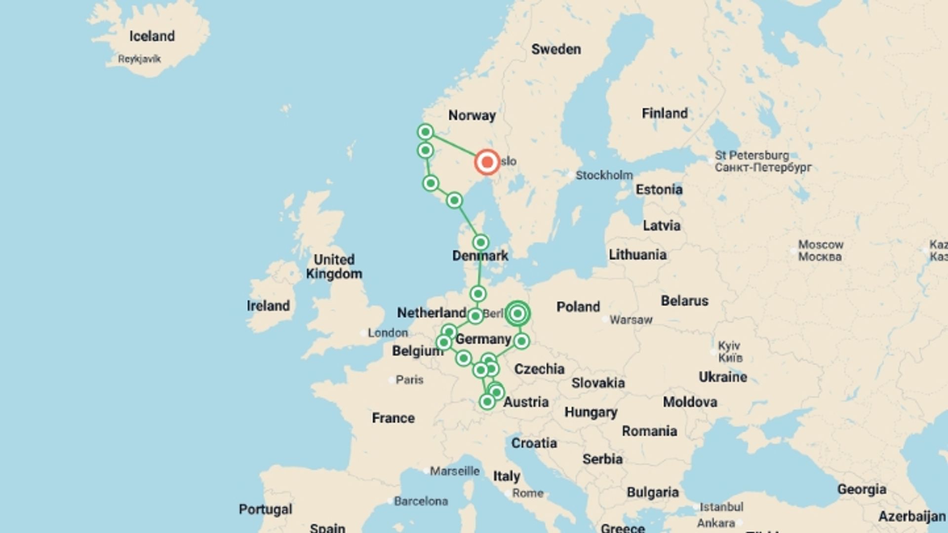 A map showing the tour itinerary for the trip: Germany and Norway, starting in Berlin, Germany and ending in Oslo, Norway going through 8 other destinations.