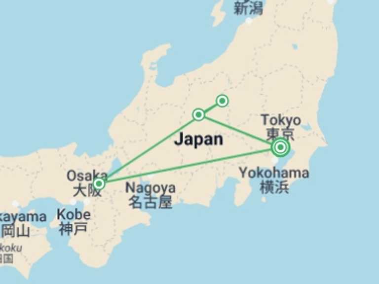 Map itinerary of Tokyo Tour in Fall with 2 destination visits for the trip: Kyoto, Tsumago and Matsumoto