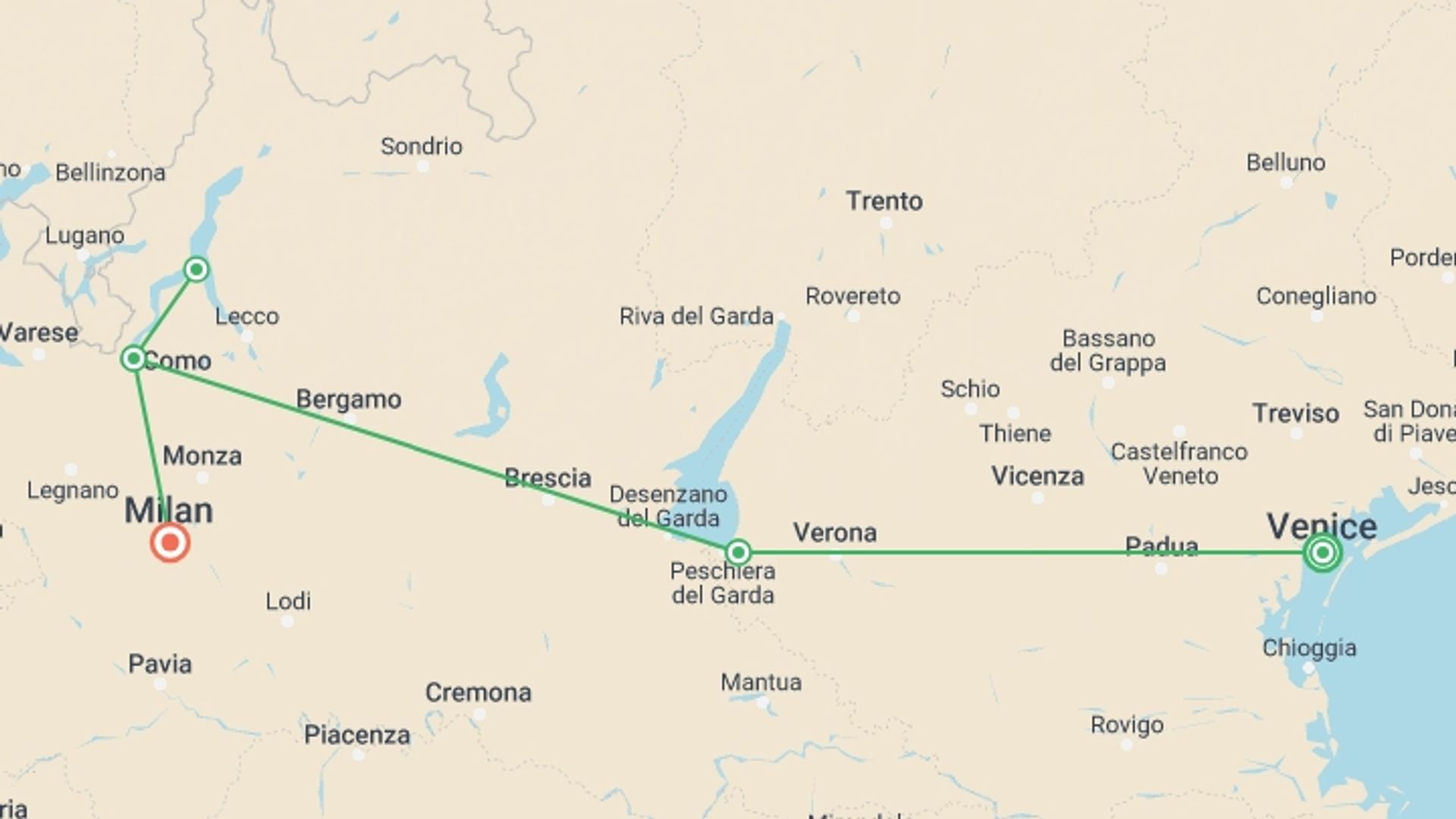 A map showing the tour itinerary for the trip: North Of Italy, Private Tour, starting in Venice, Italy and ending in Milan, Italy going through 2 other destinations.
