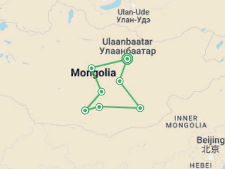 Map of a Festivals and events Tour with 7 destination visits for the trip: Mongolia's Naadam Festival