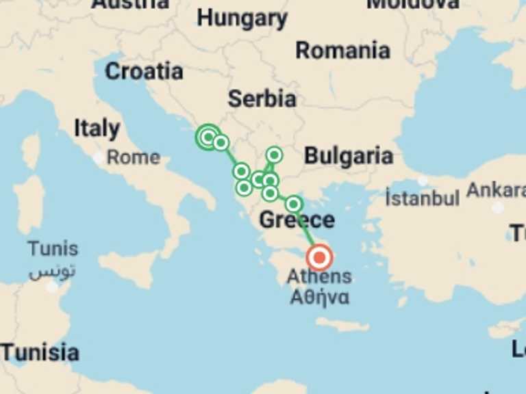 Map of Europe Tour with 12 destination visits for the trip: Dubrovnik to Athens