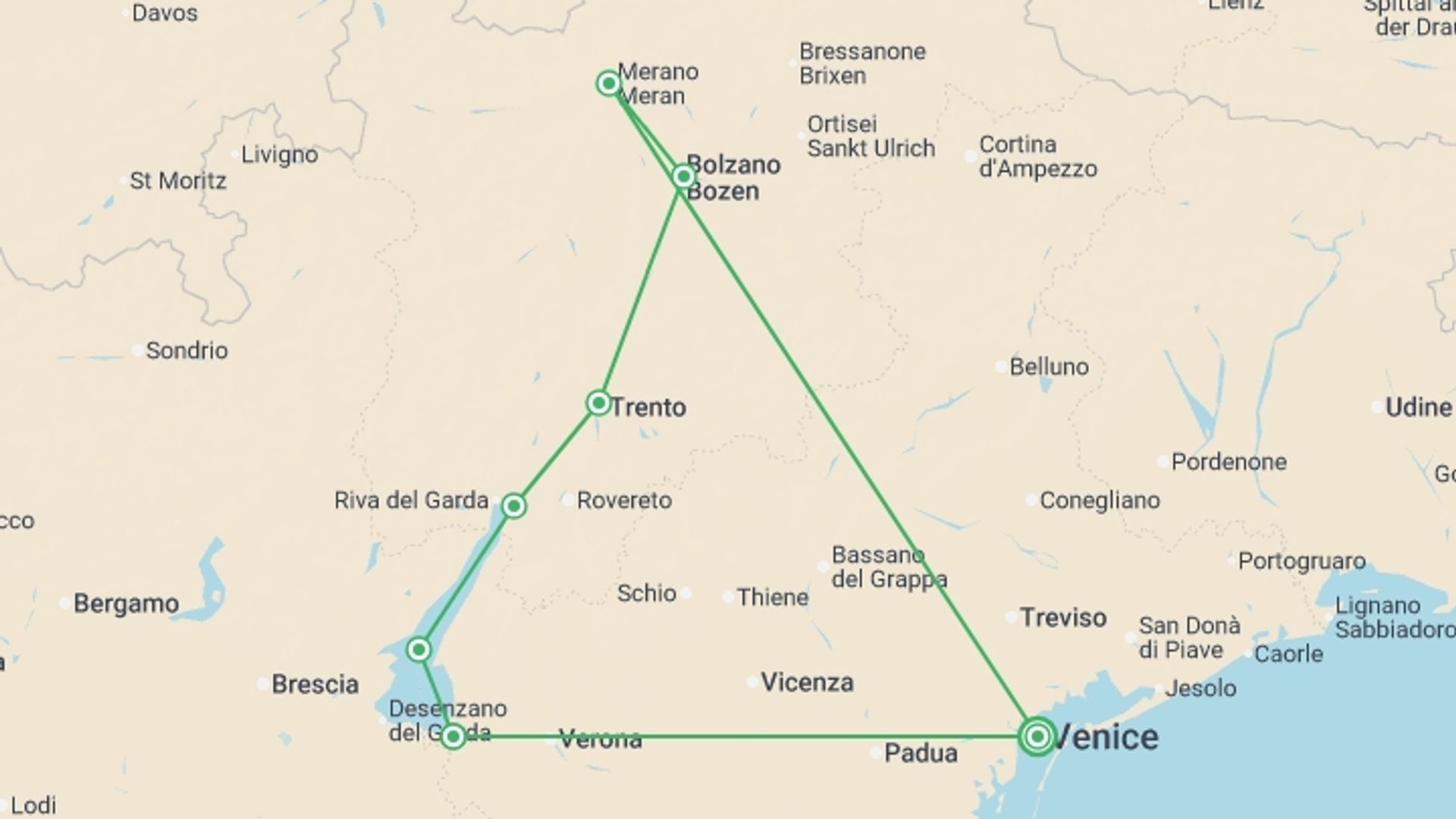 A map showing the tour itinerary for the trip: Cycle Dolomites, Lake Garda and Verona, starting in Venice, Italy and ending in Venice, Italy going through 7 other destinations.