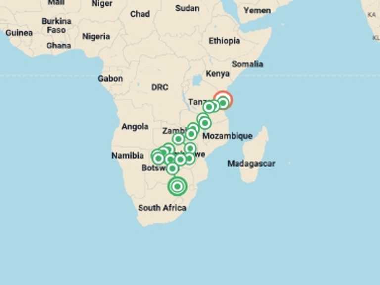 Map itinerary of Africa Tour in February 2026 with 21 destination visits for the trip: Johannesburg to Zanzibar