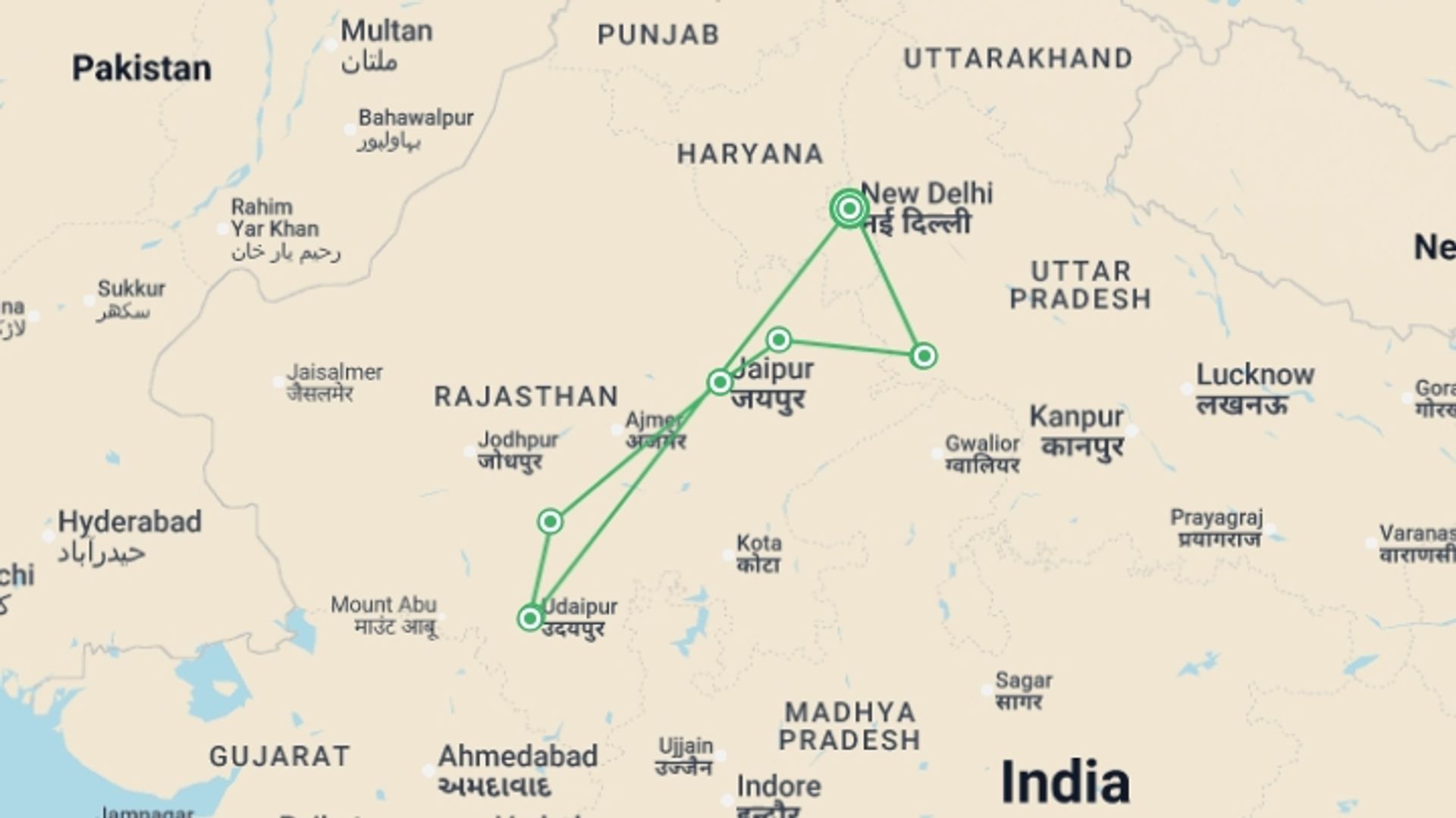 A map showing the tour itinerary for the trip: Classic India with Tiger Reserve, a Women-Only Tour, starting in New Delhi, India and ending in New Delhi, India going through 8 other destinations.