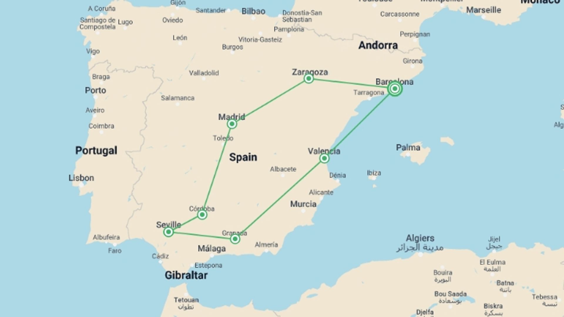 A map showing the tour itinerary for the trip: 6-day Guided Tour Andalucia And Valencia From Barcelona, starting in Barcelona, Spain and ending in Barcelona, Spain going through 4 other destinations.