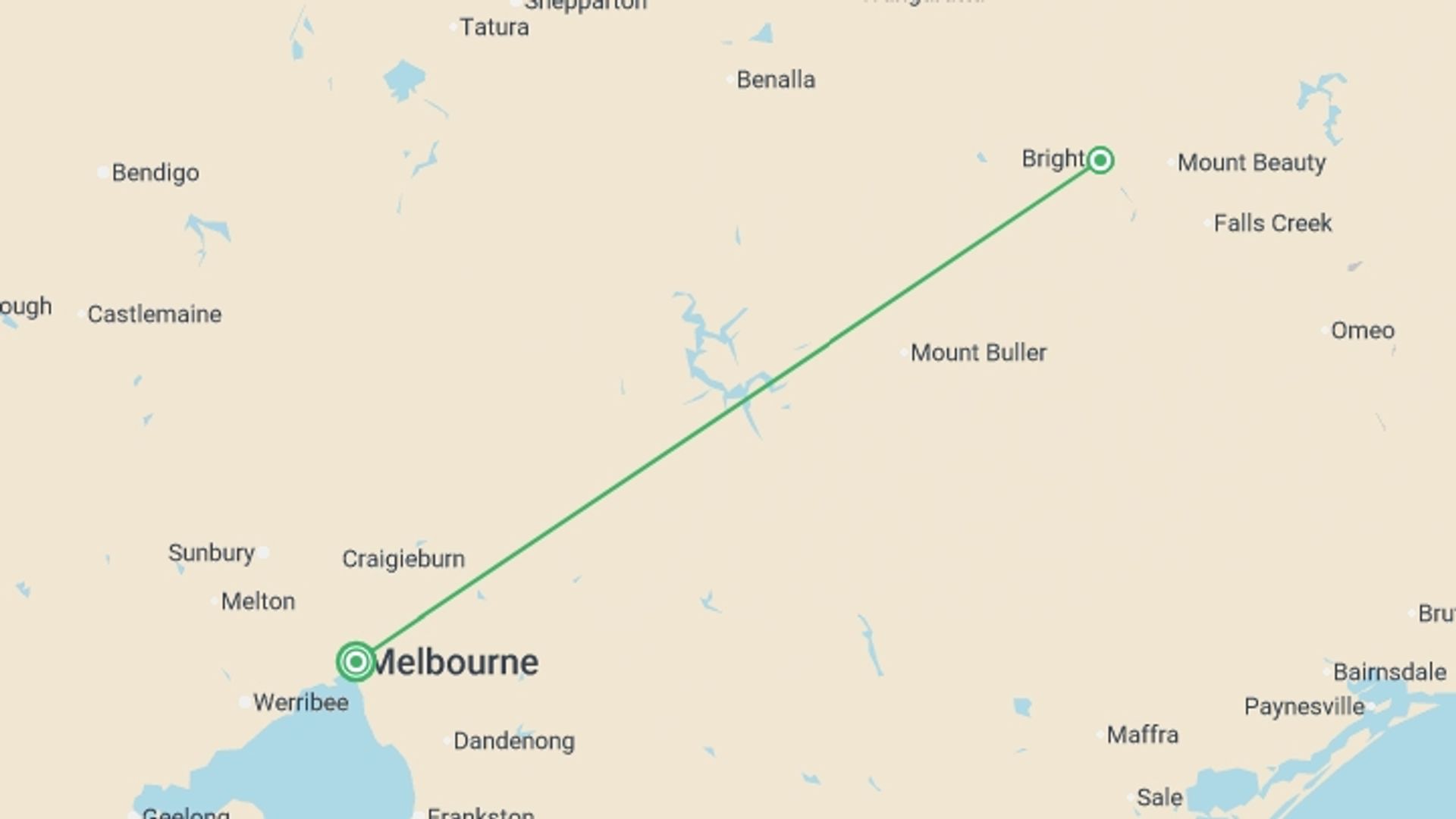 A map showing the tour itinerary for the trip: Walk Victoria's High Country, starting in Melbourne, Australia and ending in Melbourne, Australia going through 1 other destinations.