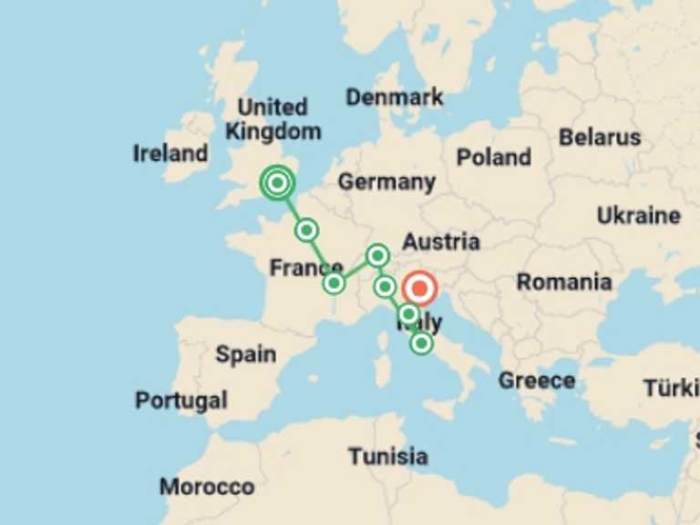 Map itinerary of Mediterranean Tour in Summer with 8 destination visits for the trip: Spectacular Europe End Venice