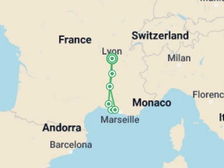 Map of Europe Tour with 5 destination visits for the trip: A trip to admire the beautiful scenery of the Rhône valley (port-to-port cruise)