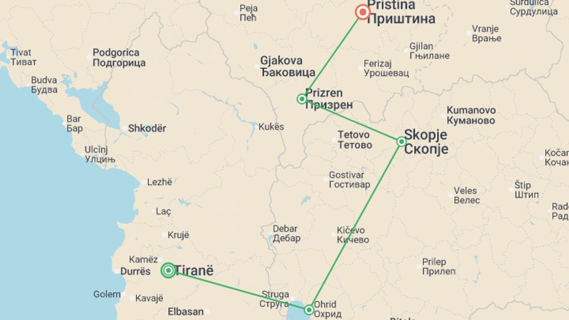 A map showing the tour itinerary for the trip: Kosovo & Macedonia Adventure: Tirana to Pristina, starting in Tirana, Albania and ending in Pristina, Kosovo going through 3 other destinations.