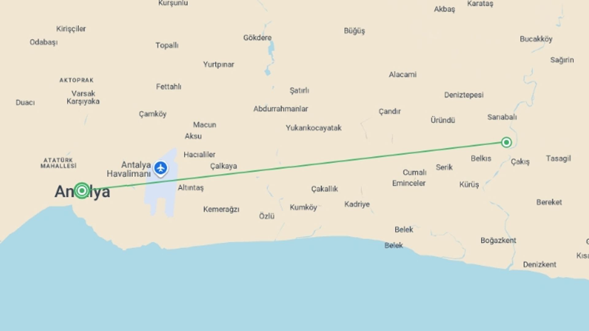 A map showing the tour itinerary for the trip: Treasures of Anatolia - 3 days, starting in Antalya, Turkey and ending in Antalya, Turkey going through 1 other destinations.