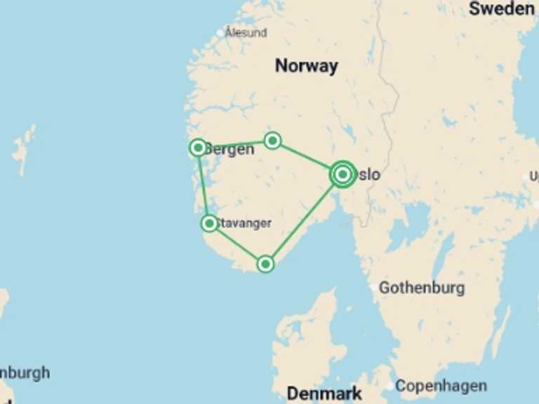 Map itinerary of Northern Europe Tour in July 2026 with 5 destination visits for the trip: Highlights of Norway