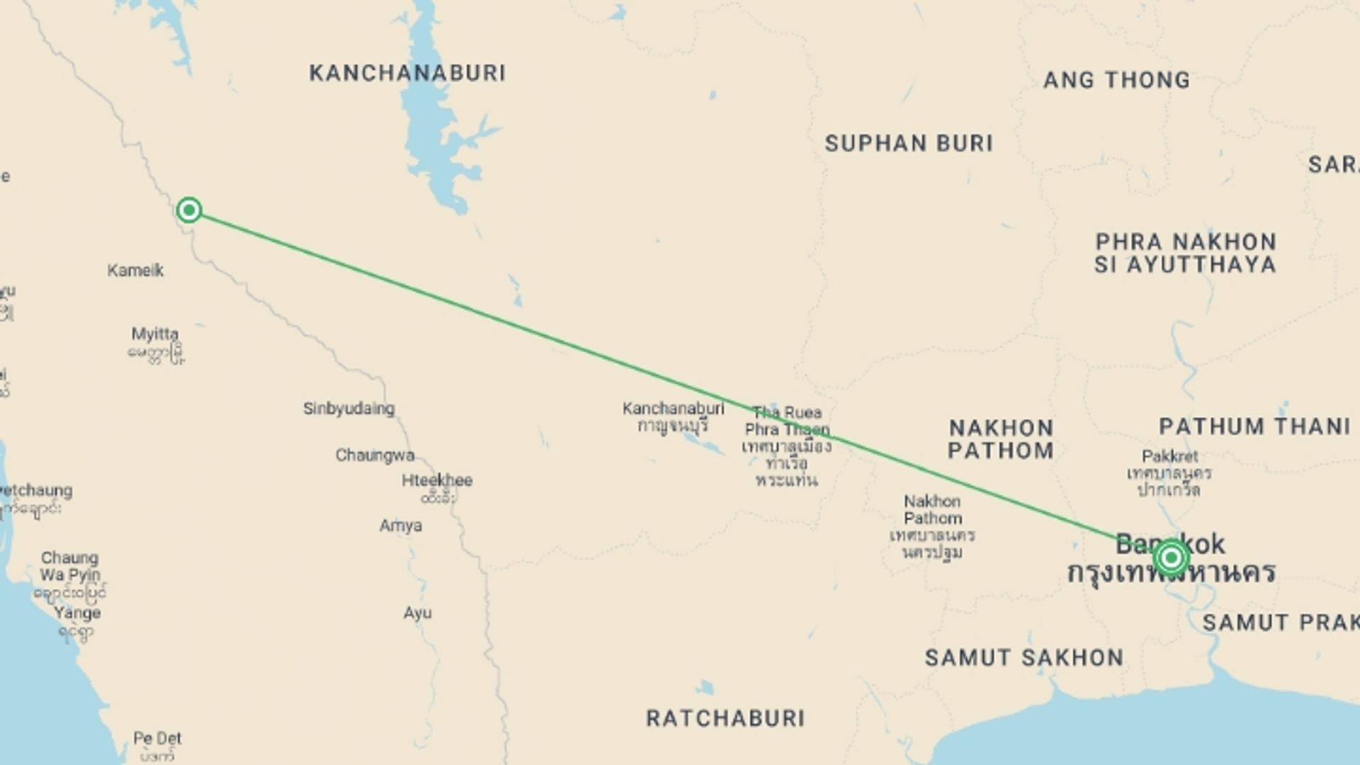 A map showing the tour itinerary for the trip: Cruise River Kwai - 9 days, starting in Bangkok, Thailand and ending in Bangkok, Thailand going through 1 other destinations.