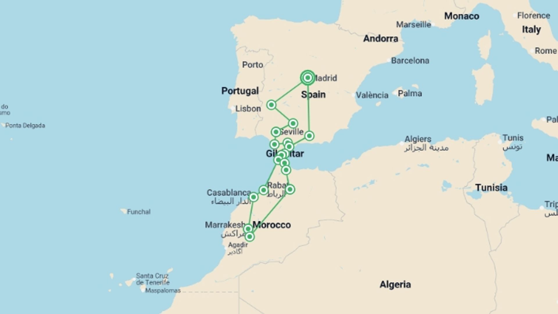 A map showing the tour itinerary for the trip: Madrid, Southern Spain & Morocco - 16 days, starting in Madrid, Spain and ending in Madrid, Spain going through 10 other destinations.