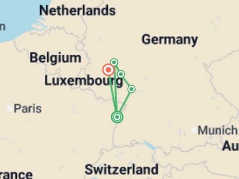 Map of Europe Tour with 5 destination visits for the trip: New Year in the Romantic Rhine valley (port-to-port cruise)