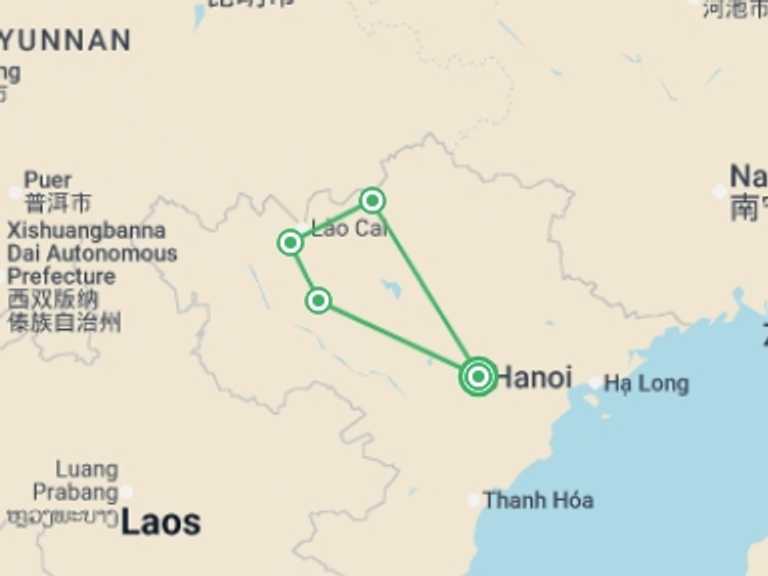 Map itinerary of Hanoi Tour in April 2027 with 4 destination visits for the trip: Premium Walking & Hiking in Vietnam
