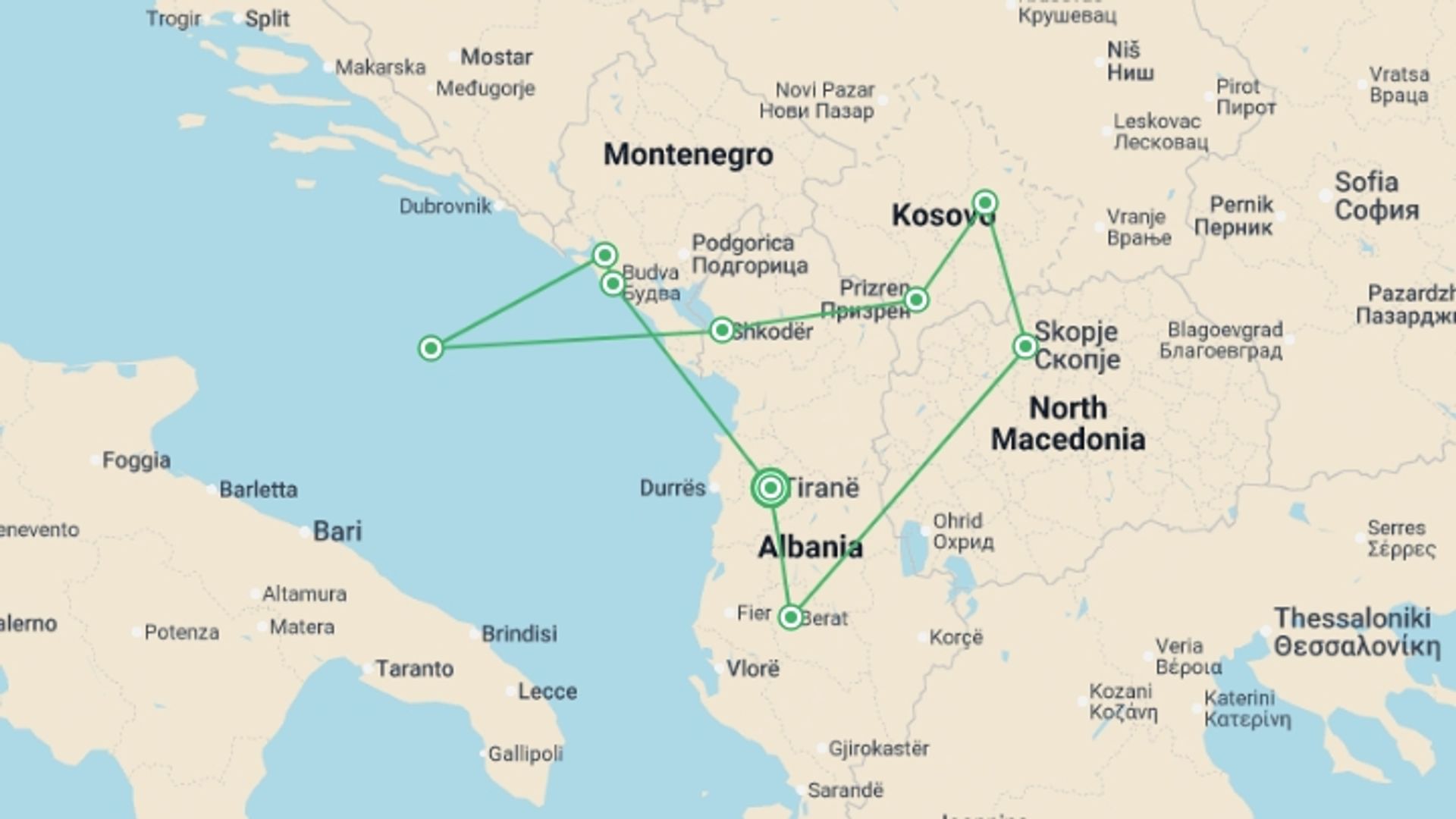 A map showing the tour itinerary for the trip: Albania, Kosovo & Macedonia - 5 days, starting in Tirana, Albania and ending in Tirana, Albania going through 4 other destinations.
