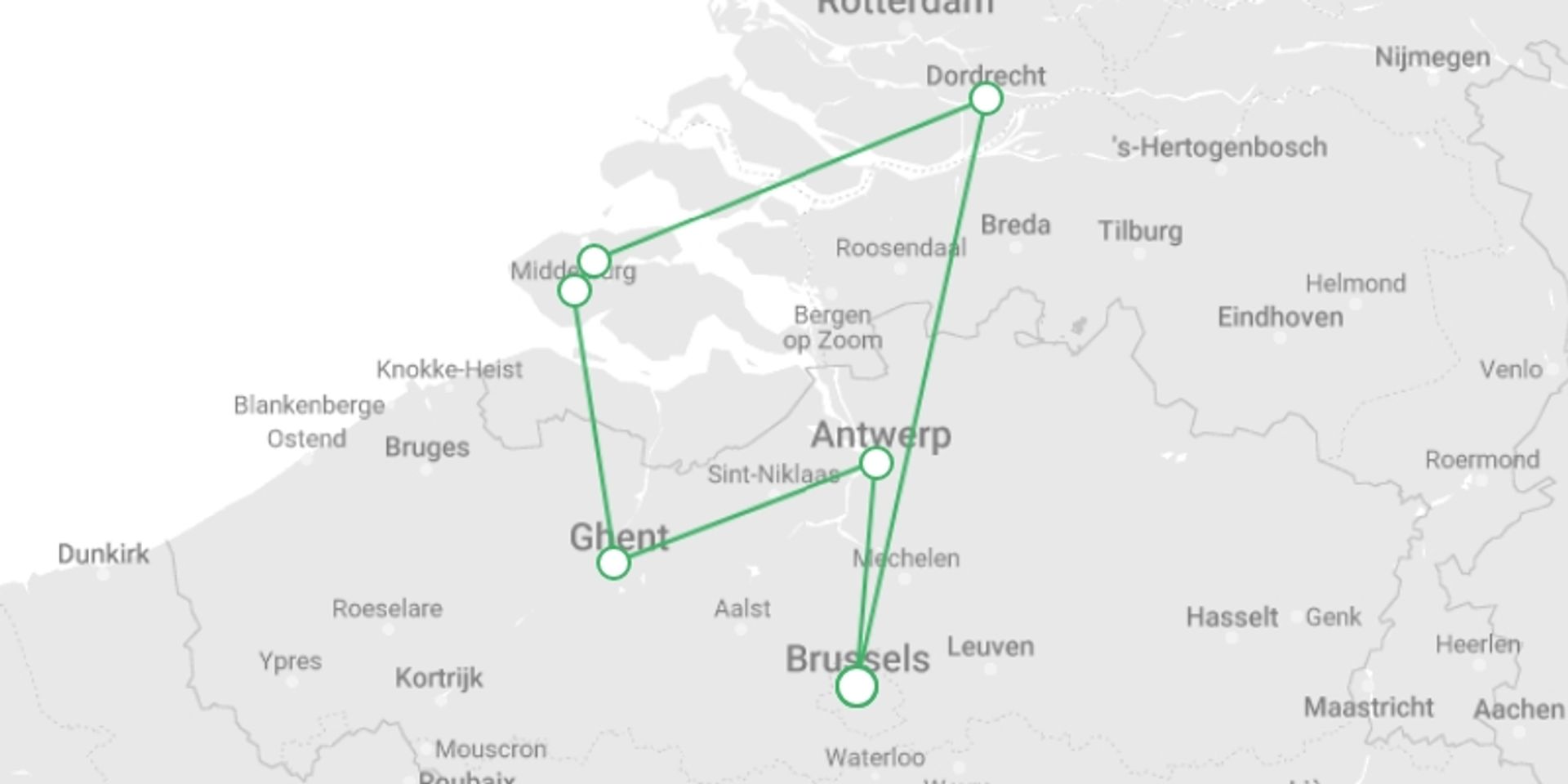 A map showing the tour itinerary for the trip: An Exclusive Cruise to Top Sites in Northern Europe (port-to-port cruise), starting in Brussels, Belgium and ending in Brussels, Belgium going through 5 other destinations.