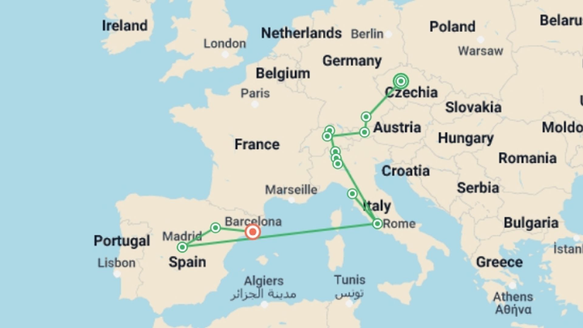 A map showing the tour itinerary for the trip: Majestic Europe and Magical Spain, starting in Prague, Czech Republic and ending in Barcelona, Spain going through 3 other destinations.