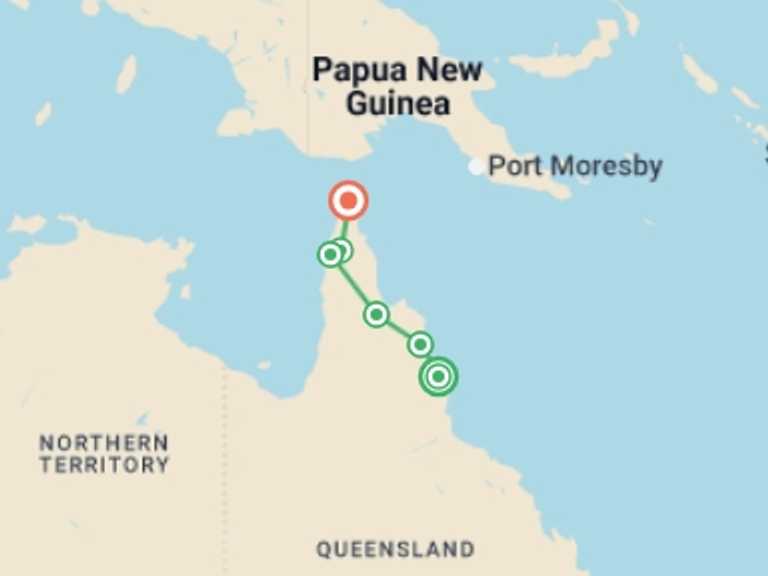 Map itinerary of Oceania Tour in August 2027 with 6 destination visits for the trip: Cape York & Torres Strait Adventure