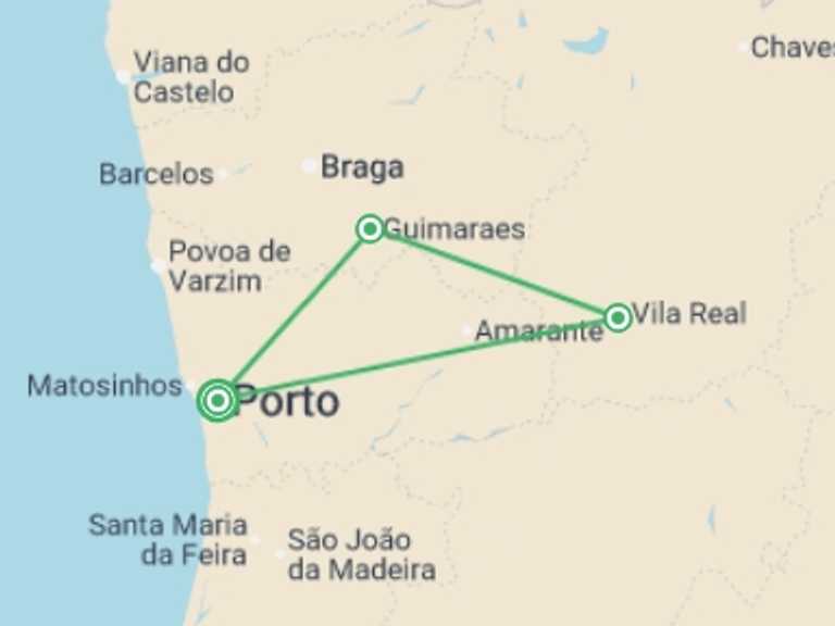 Map of Europe Tour with 3 destination visits for the trip: Wonders of Northern Portugal - 7 days