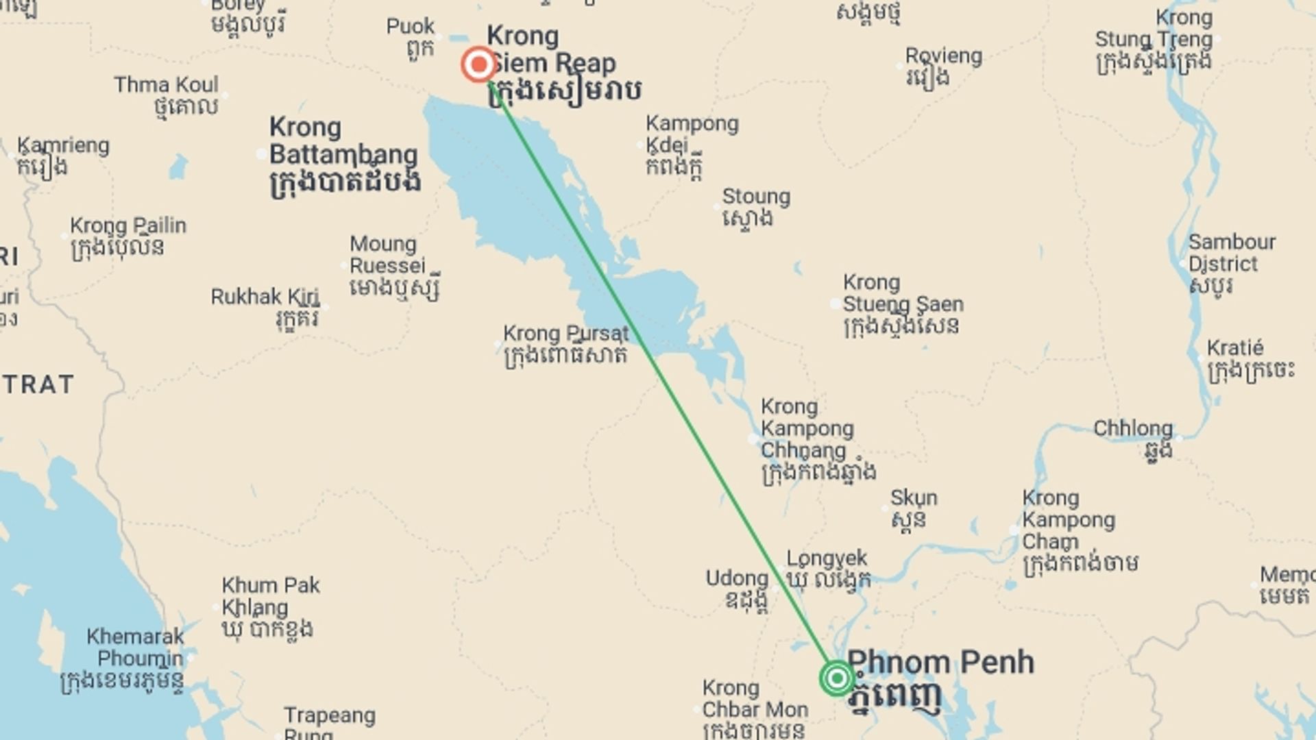 A map showing the tour itinerary for the trip: GX Cambodia - Ambassadors, starting in Phnom Penh, Cambodia and ending in Siem Reap, Cambodia going through 0 other destinations.