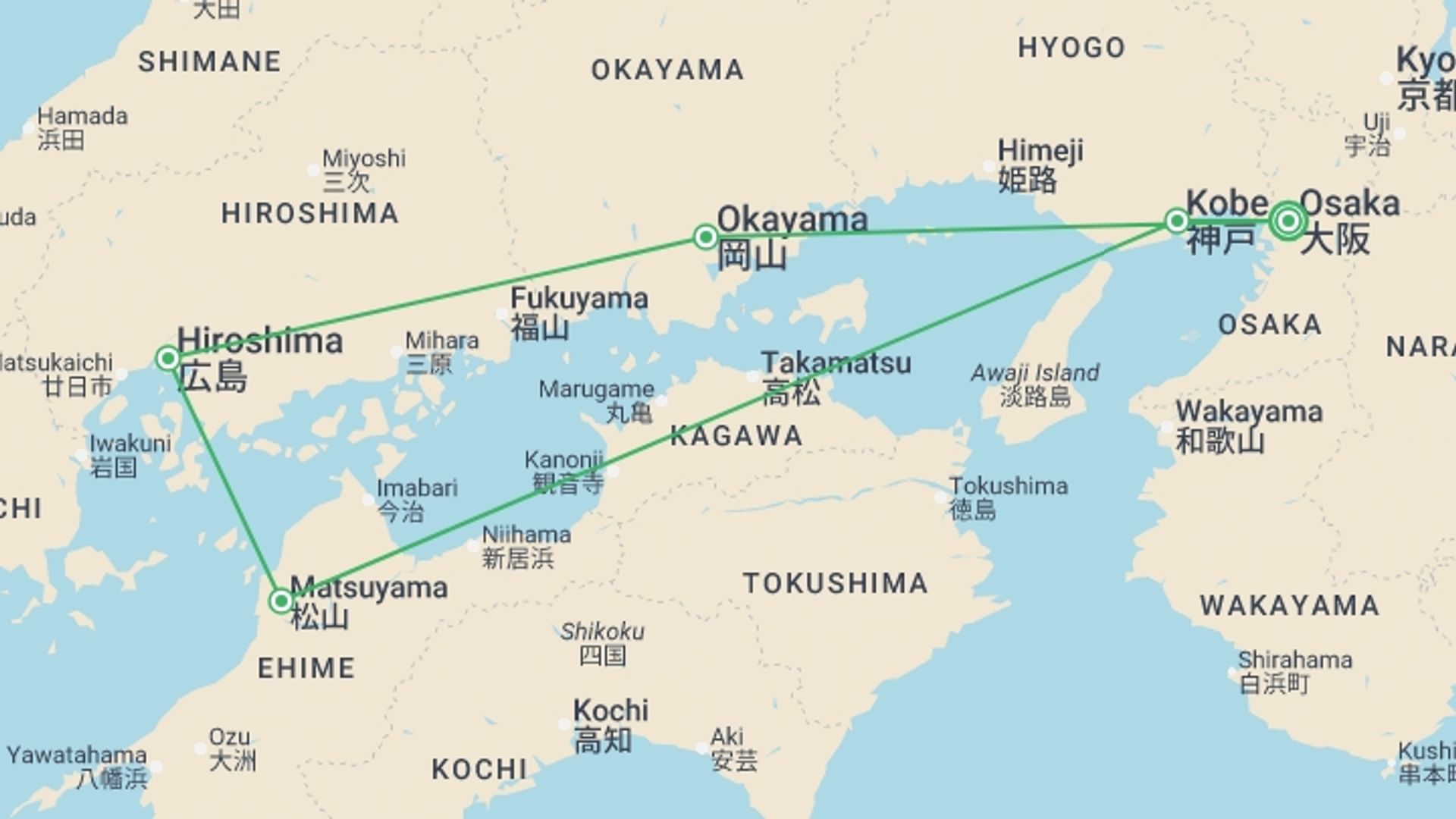 A map showing the tour itinerary for the trip: Japan's Enchanting Castles and Serene Shrines - 6 days, starting in undefined, Japan and ending in undefined, Japan going through 0 other destinations.
