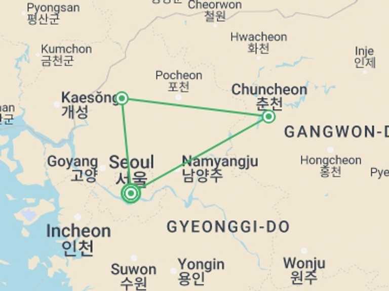 Map of Asia Tour with 3 destination visits for the trip: Discover the Soul of South Korea