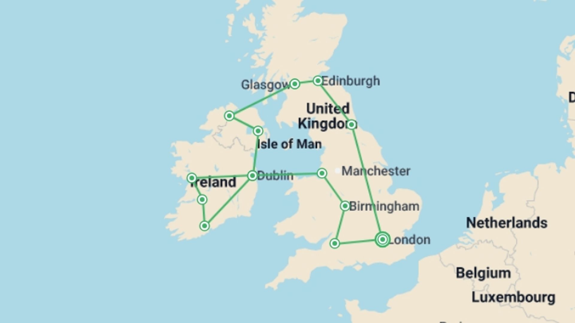 A map showing the tour itinerary for the trip: Stories and Legends: United Kingdom, Scotland, and Ireland, starting in London, England and ending in London, England going through 12 other destinations.