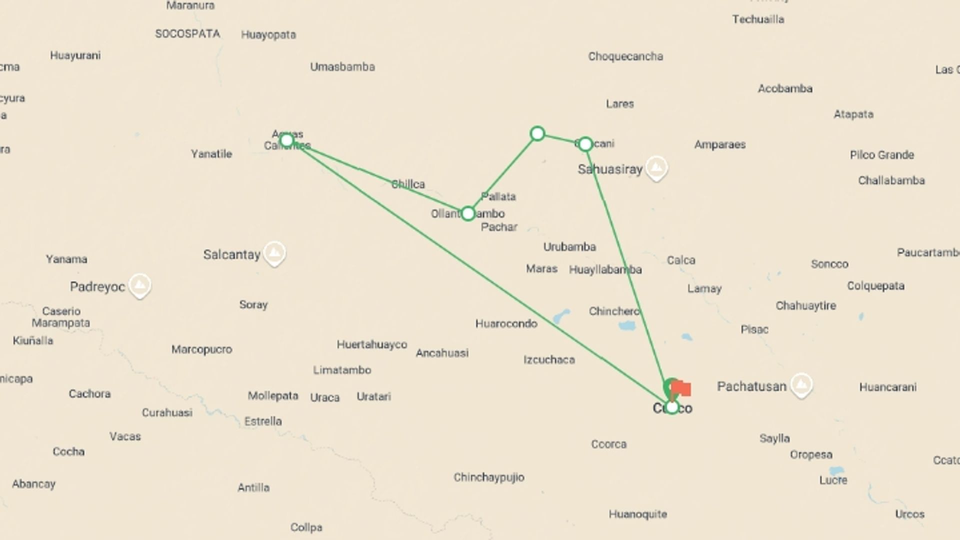 A map showing the tour itinerary for the trip: 4 day Lares Trek to Machu Picchu, starting in Cusco, Peru and ending in Cusco, Peru going through 5 other destinations.