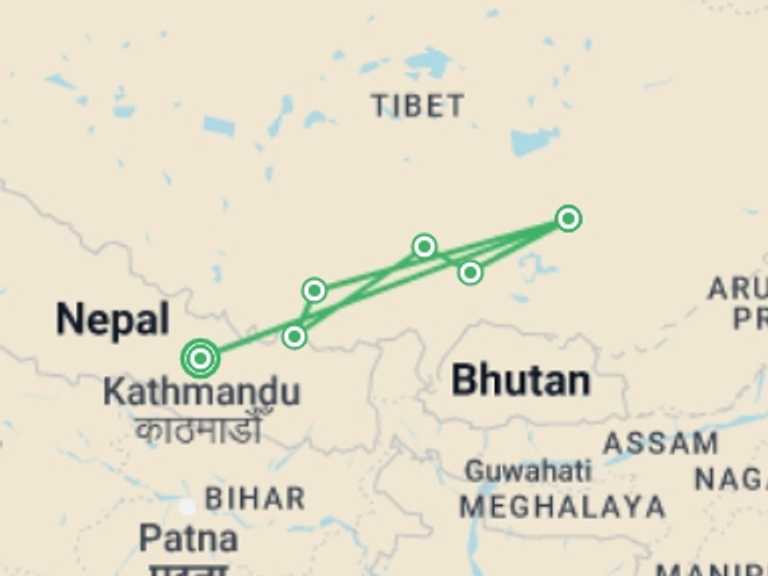 Map of 13-Day China Tour with 6 destination visits for the trip: Mount Everest Overland Jeep Tour - Tibet