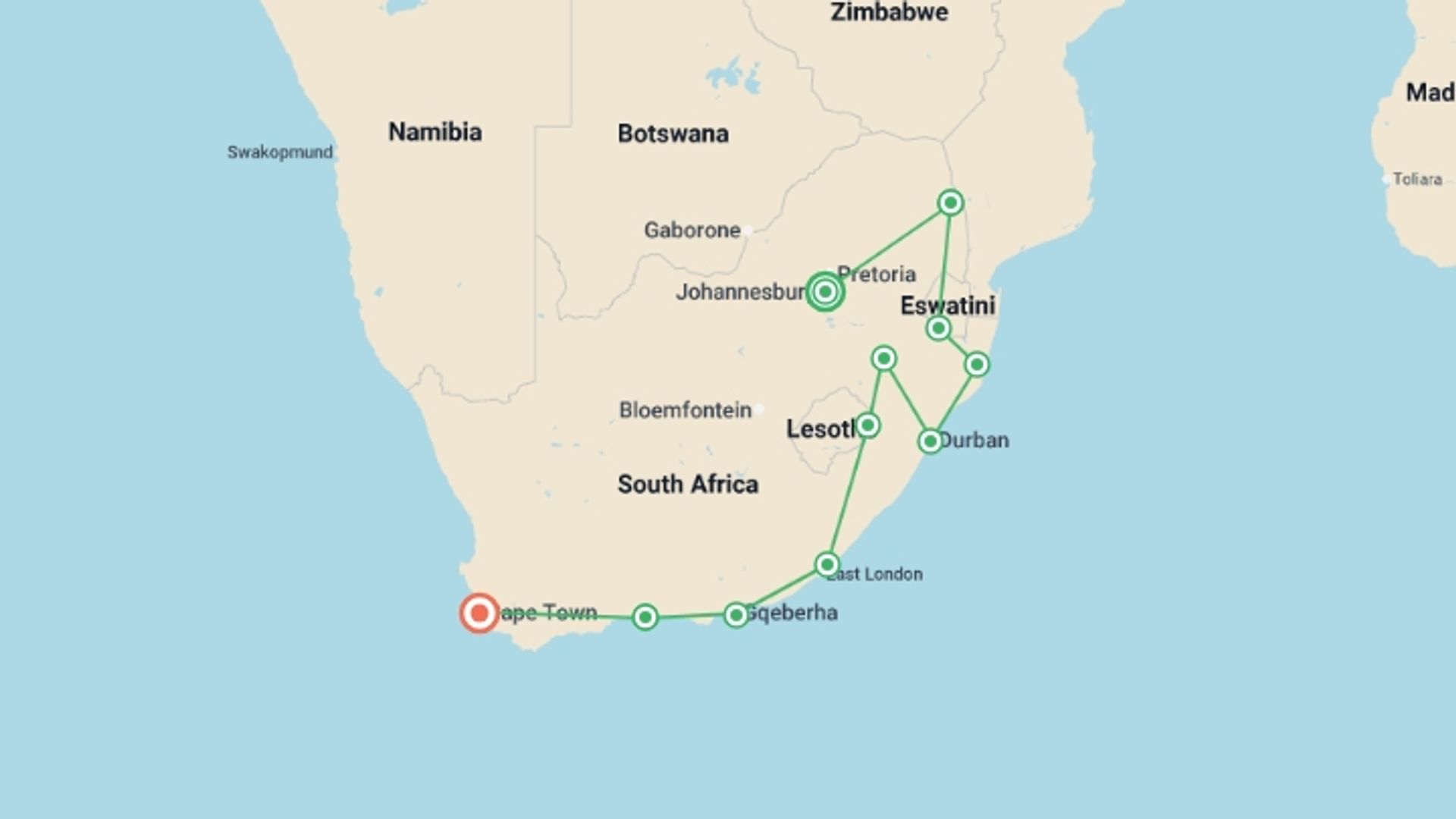 A map showing the tour itinerary for the trip: Best of South Africa, starting in Johannesburg, South Africa and ending in Cape Town, South Africa going through 9 other destinations.