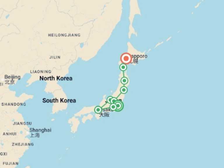 Map itinerary of Asia Tour in July 2026 with 9 destination visits for the trip: Discover Japan End Sapporo