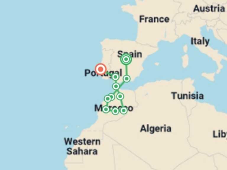 Map of Marrakech Walking Tour with 10 destination visits for the trip: Madrid, Andalusia, Morocco and Lisbon