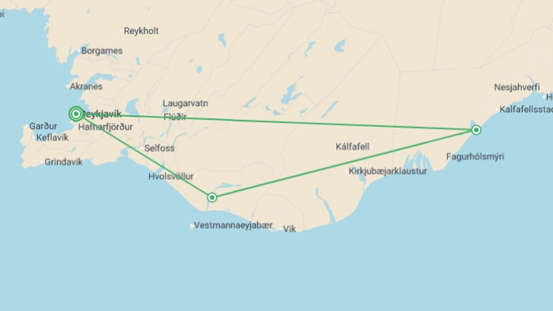 A map showing the tour itinerary for the trip: Iceland Northern Lights, starting in Reykjavik, Iceland and ending in Reykjavik, Iceland going through 2 other destinations.